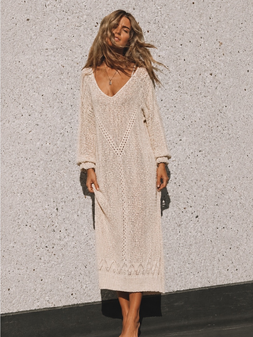 Anthropologie Cream Open-Knit V-Neck Beach Cover-Up
